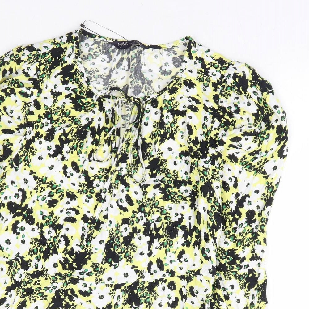 Marks and Spencer Womens Yellow Floral Viscose Basic Blouse Size 6 Round Neck