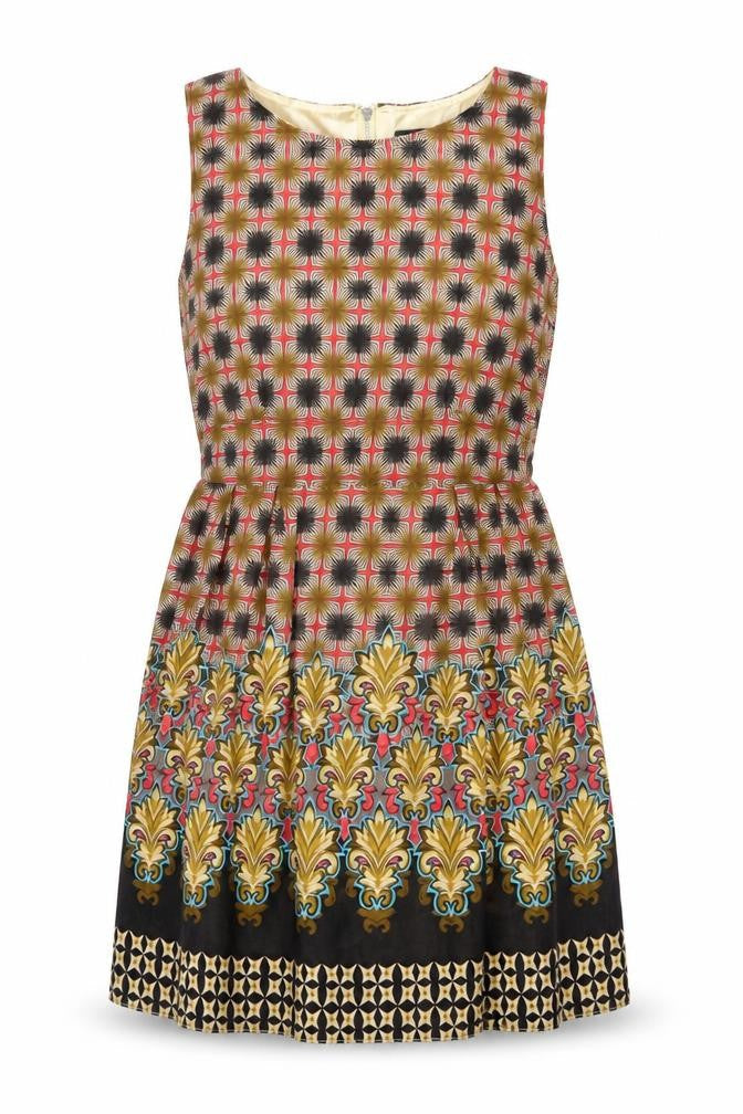 TENKI Womens Multicoloured Geometric Polyester A-Line Size 8 Boat Neck Zip