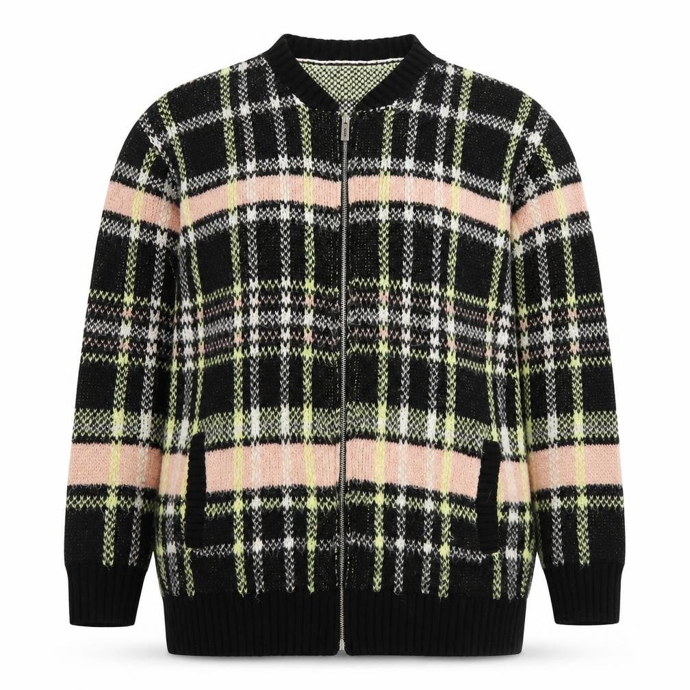 River Island Womens Multicoloured V-Neck Plaid Acrylic Full Zip Jumper Size 8