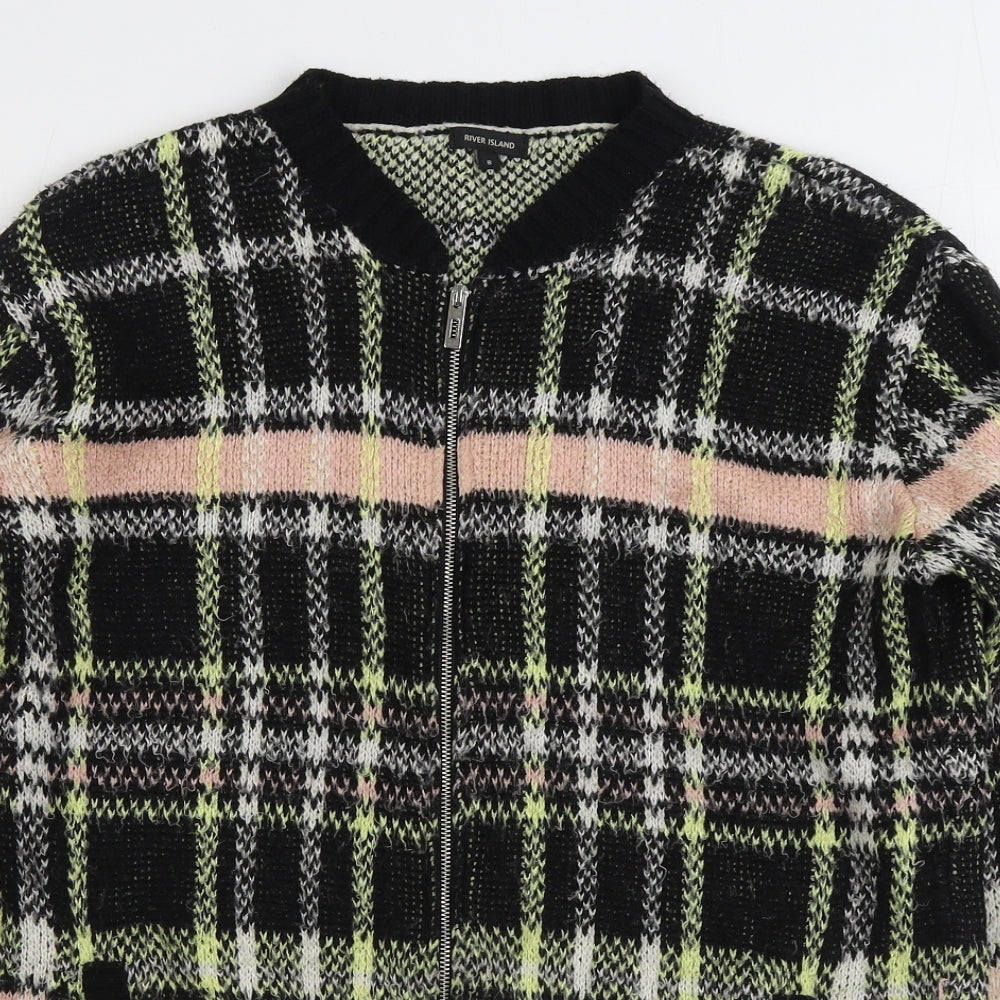 River Island Womens Multicoloured V-Neck Plaid Acrylic Full Zip Jumper Size 8