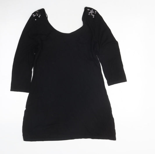 NEXT Womens Black Polyester Tunic T-Shirt Size 10 Round Neck - Sequins on shoulders