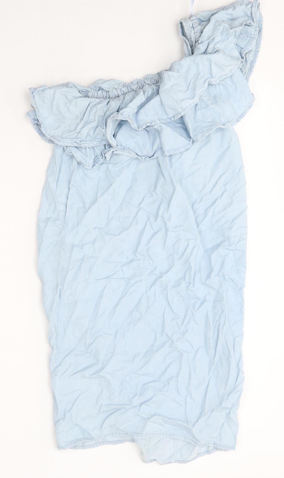 New Look Womens Blue 100% Cotton Mini Size 6 One Shoulder Pullover