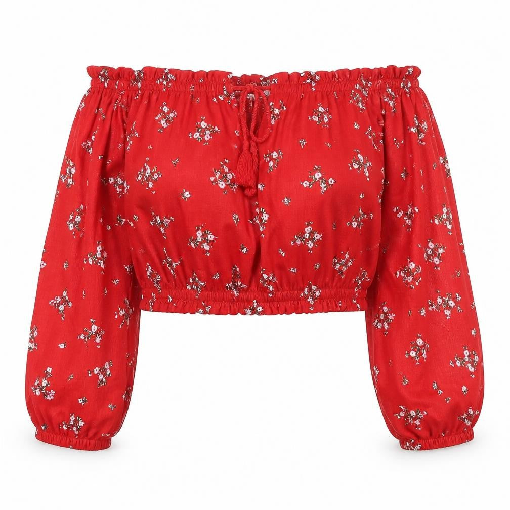 Divided Womens Red Floral Polyester Cropped Blouse Size S Off the Shoulder