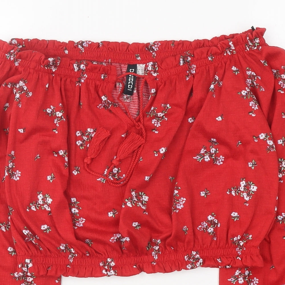 Divided Womens Red Floral Polyester Cropped Blouse Size S Off the Shoulder
