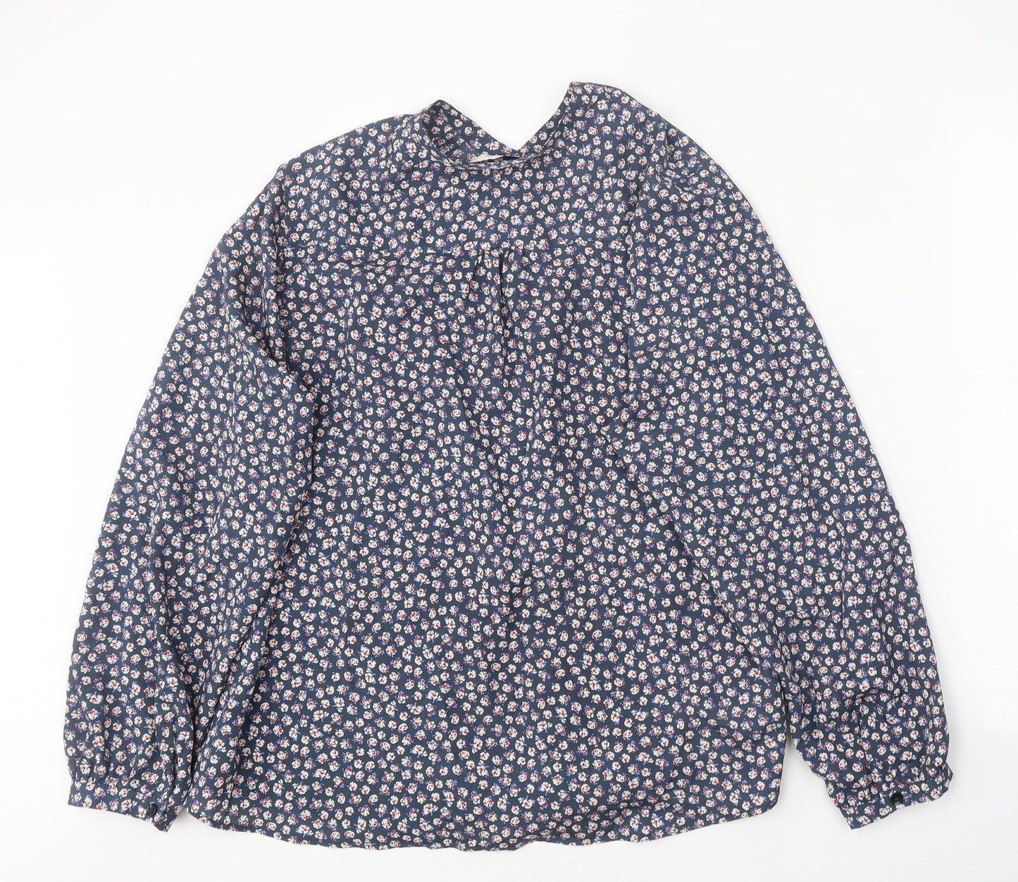 Classic Womens Blue Floral Polyester Basic Button-Up Size 8 Round Neck