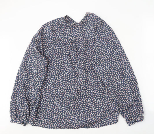 Classic Womens Blue Floral Polyester Basic Button-Up Size 8 Round Neck