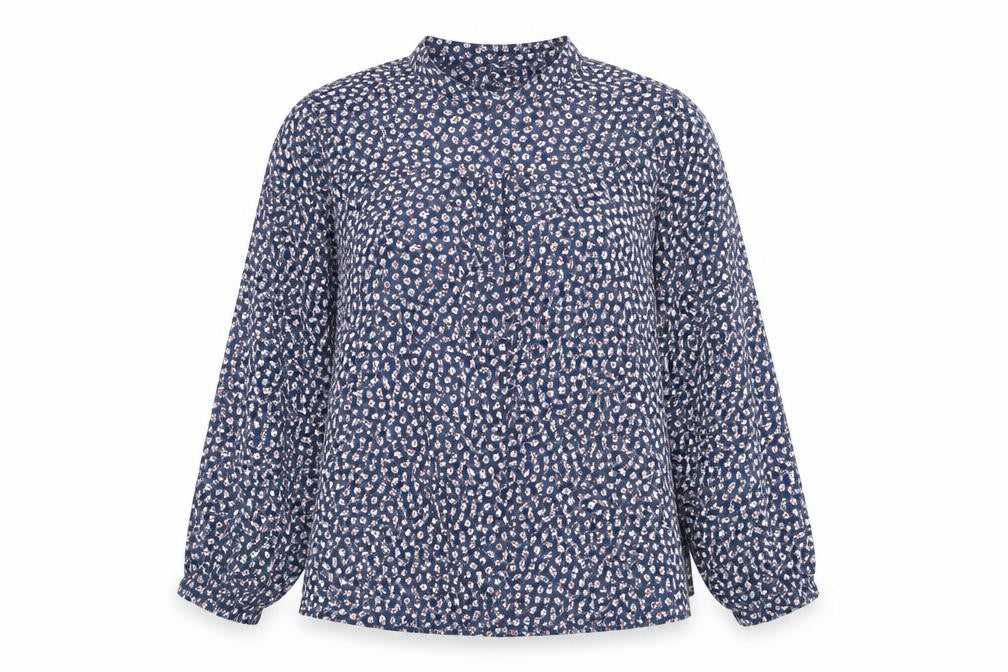 Classic Womens Blue Floral Polyester Basic Button-Up Size 8 Round Neck