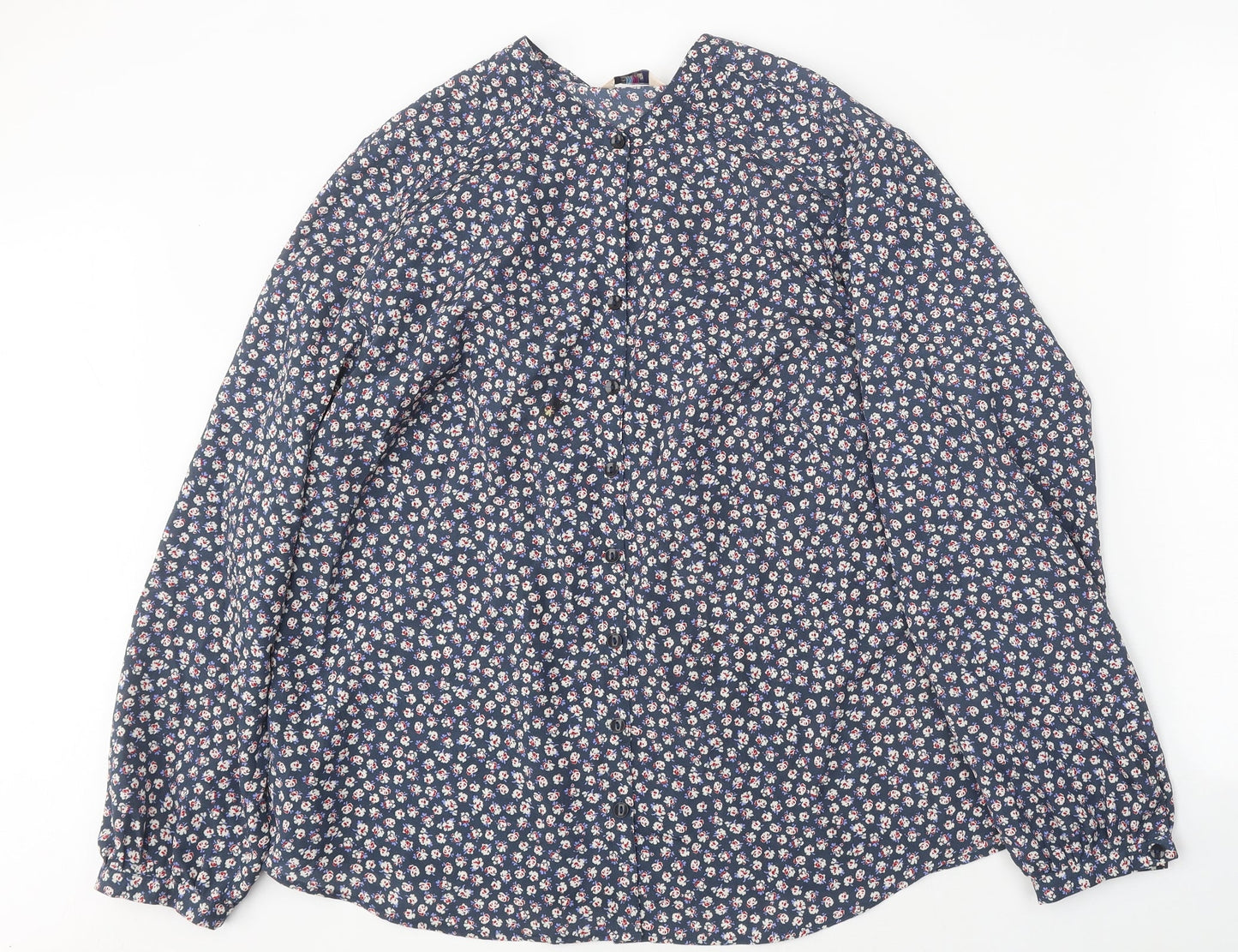 Classic Womens Blue Floral Polyester Basic Button-Up Size 8 Round Neck