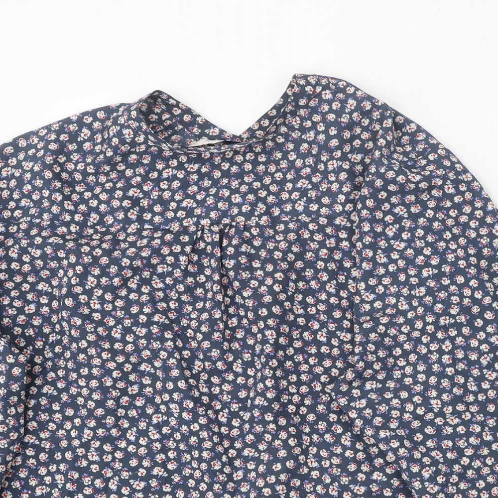 Classic Womens Blue Floral Polyester Basic Button-Up Size 8 Round Neck