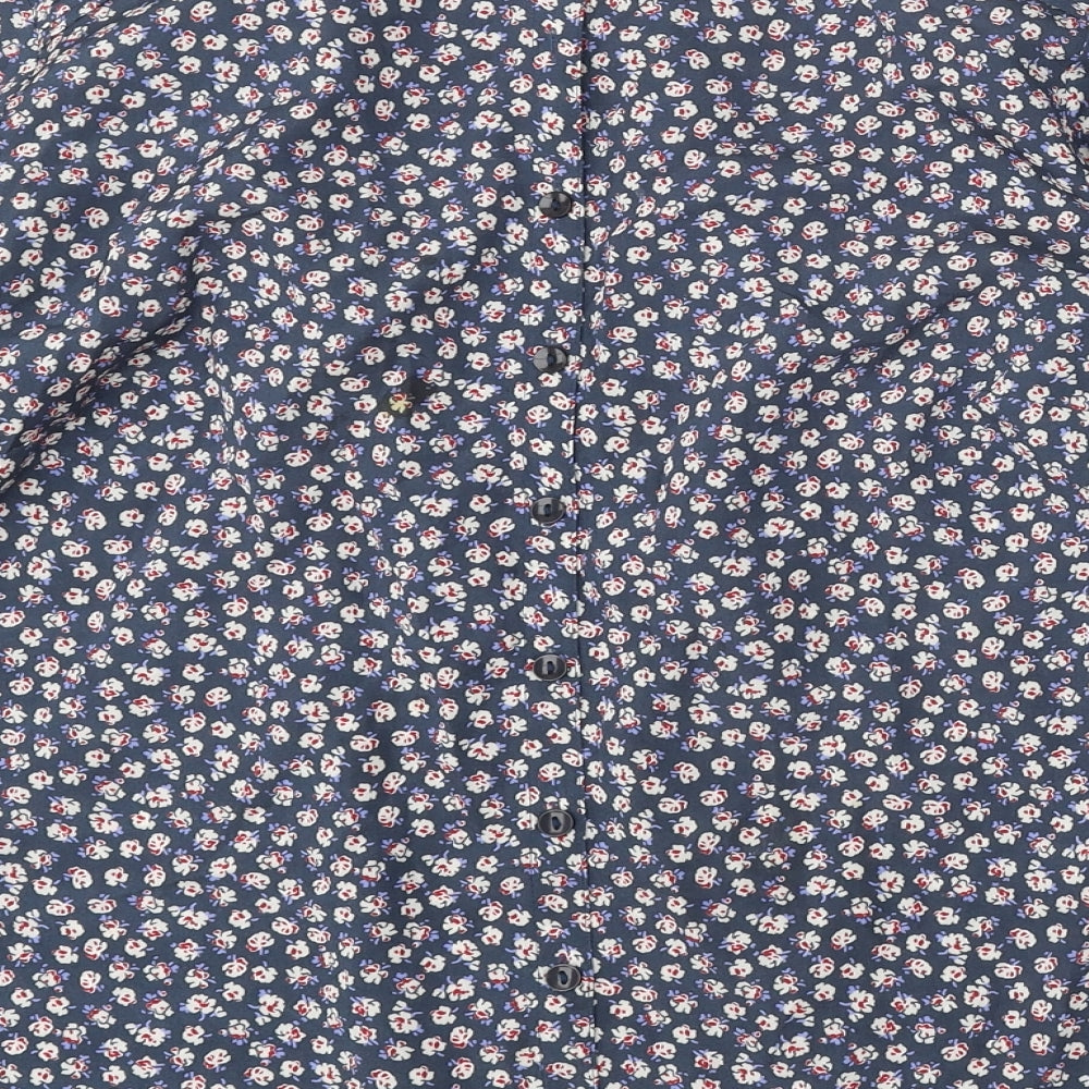 Classic Womens Blue Floral Polyester Basic Button-Up Size 8 Round Neck