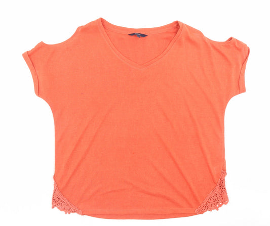 NEXT Womens Orange Polyester Basic T-Shirt Size 14 V-Neck - Cold Shoulder