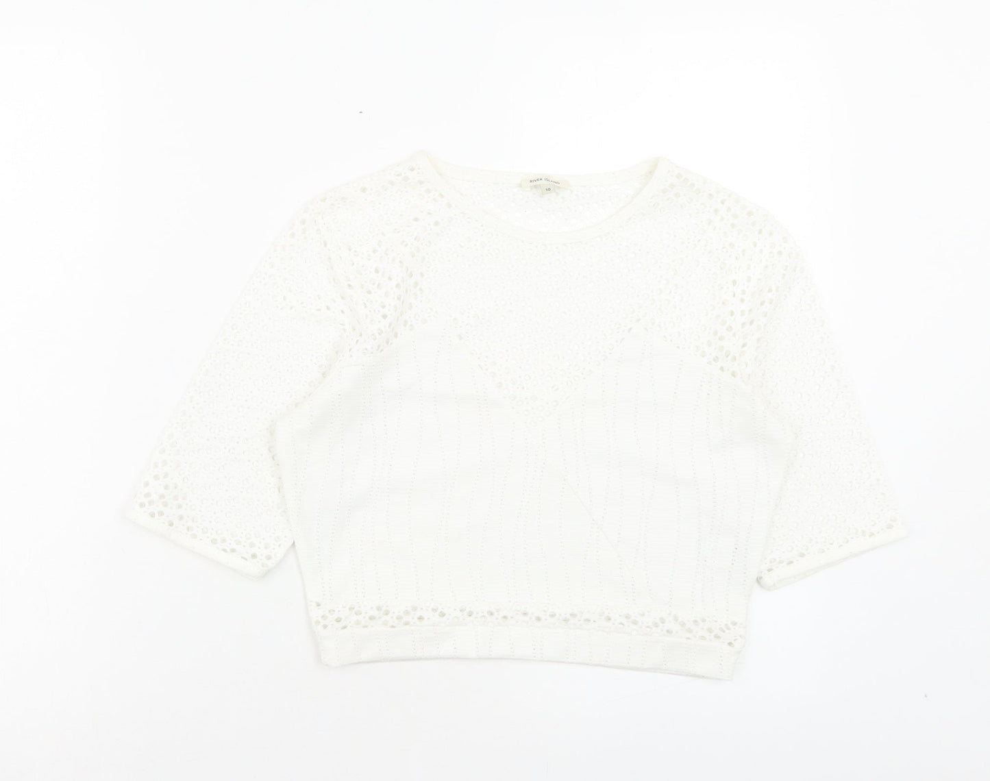 River Island Womens White Polyester Cropped T-Shirt Size 10 Crew Neck