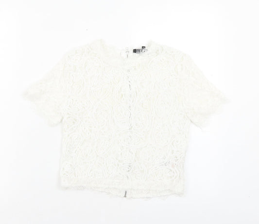 Cameo Rose Womens White Floral Polyester Cropped T-Shirt Size 6 Crew Neck