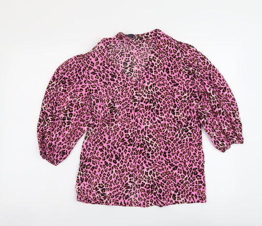 Marks and Spencer Womens Pink Animal Print Viscose Basic Button-Up Size 6 V-Neck - Leopard Skin Pattern