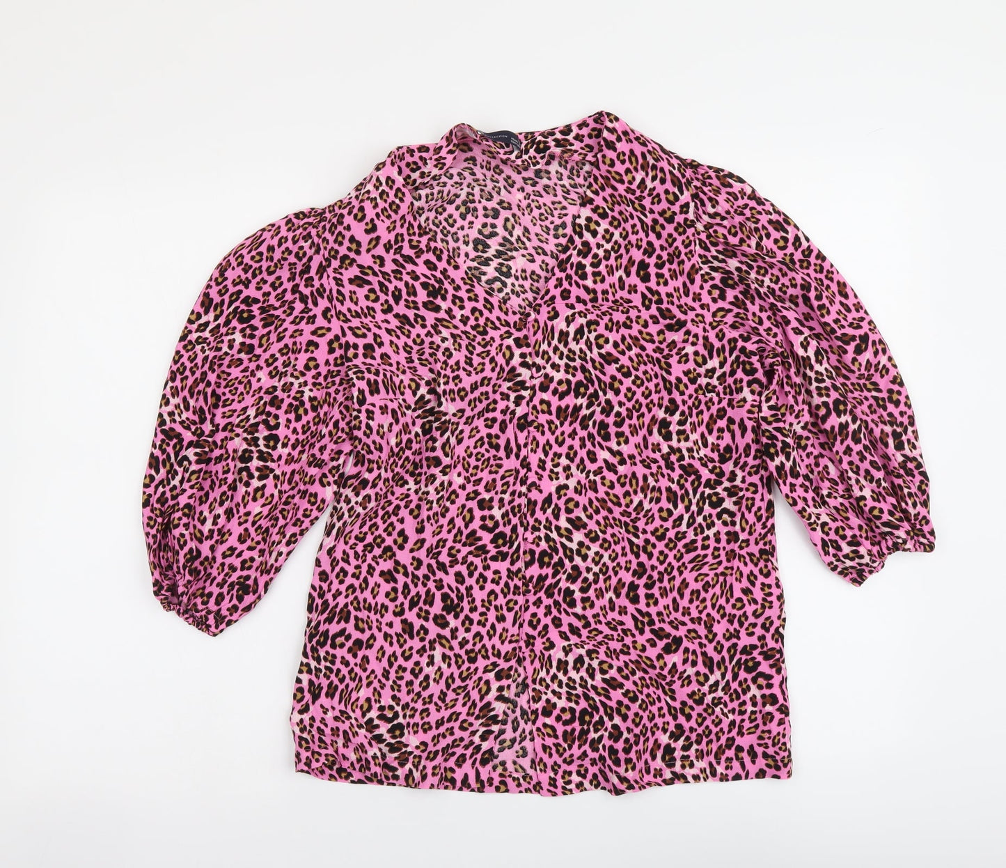 Marks and Spencer Womens Pink Animal Print Viscose Basic Button-Up Size 8 V-Neck - Leopard pattern