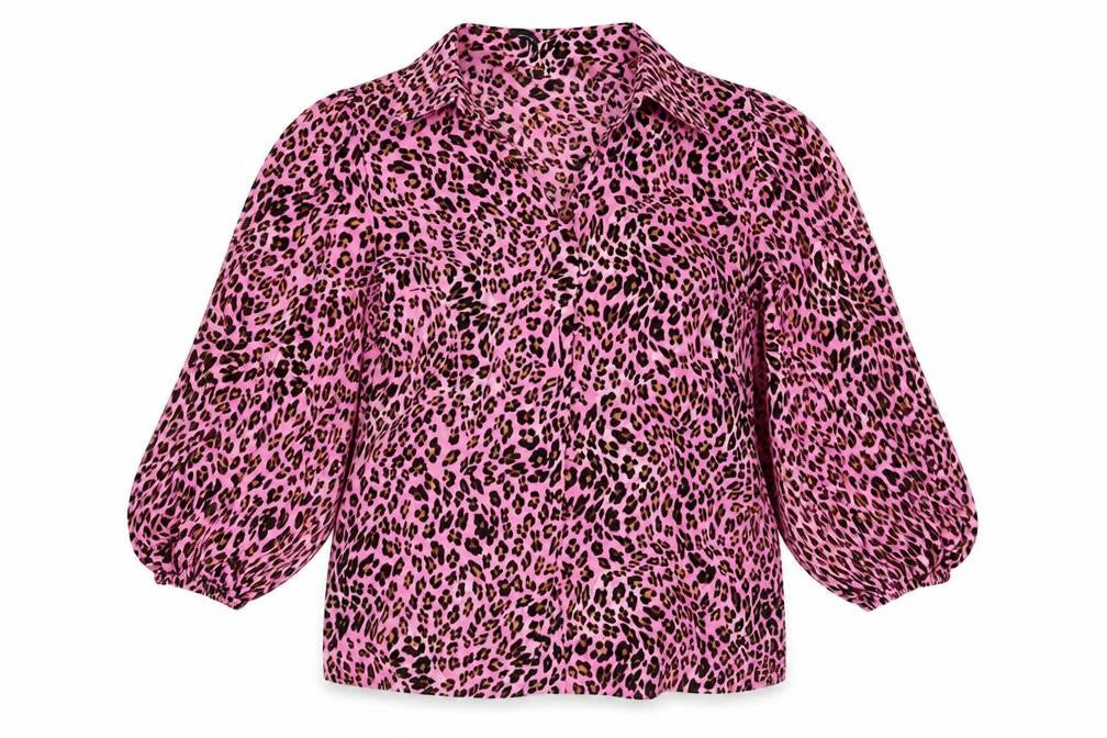 Marks & Spencer Womens Pink Animal Print Viscose Basic Button-Up Size 8 V-Neck - Leopard pattern