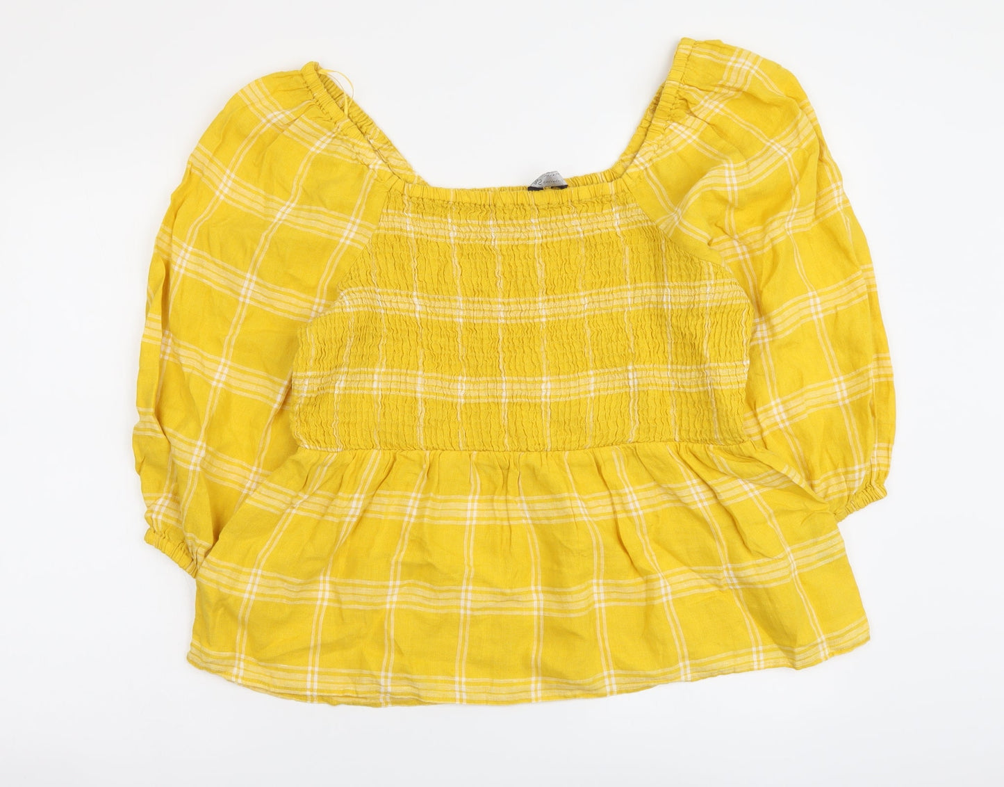 Marks and Spencer Womens Yellow Plaid Linen Basic Size 14 Square Neck