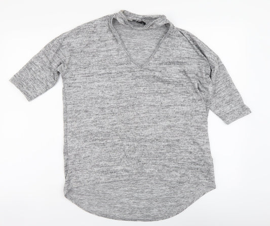 New Look Womens Grey Polyester Basic T-Shirt Size S V-Neck
