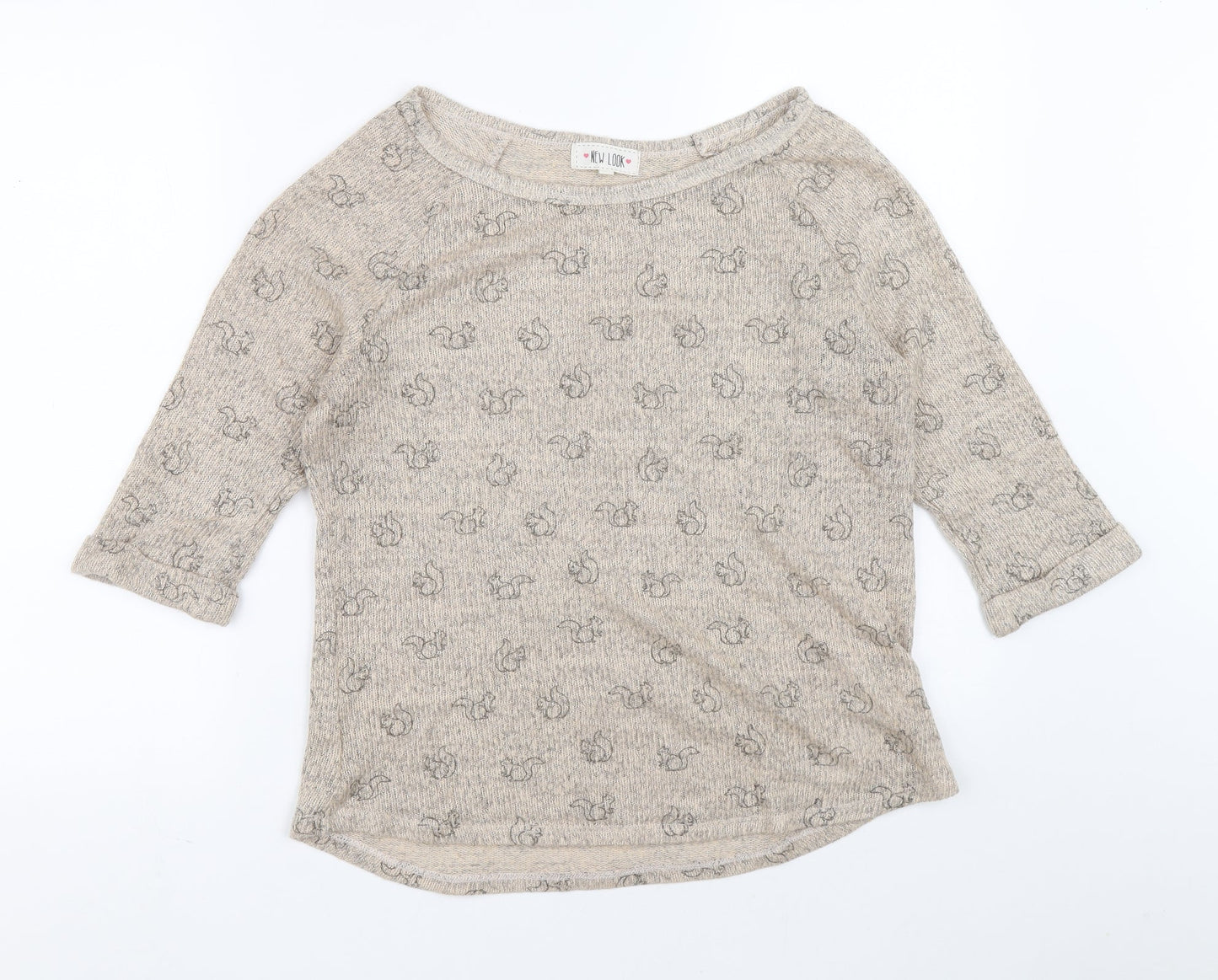 New Look Womens Brown Boat Neck Acrylic Henley Jumper Size 14 - Squirrel print