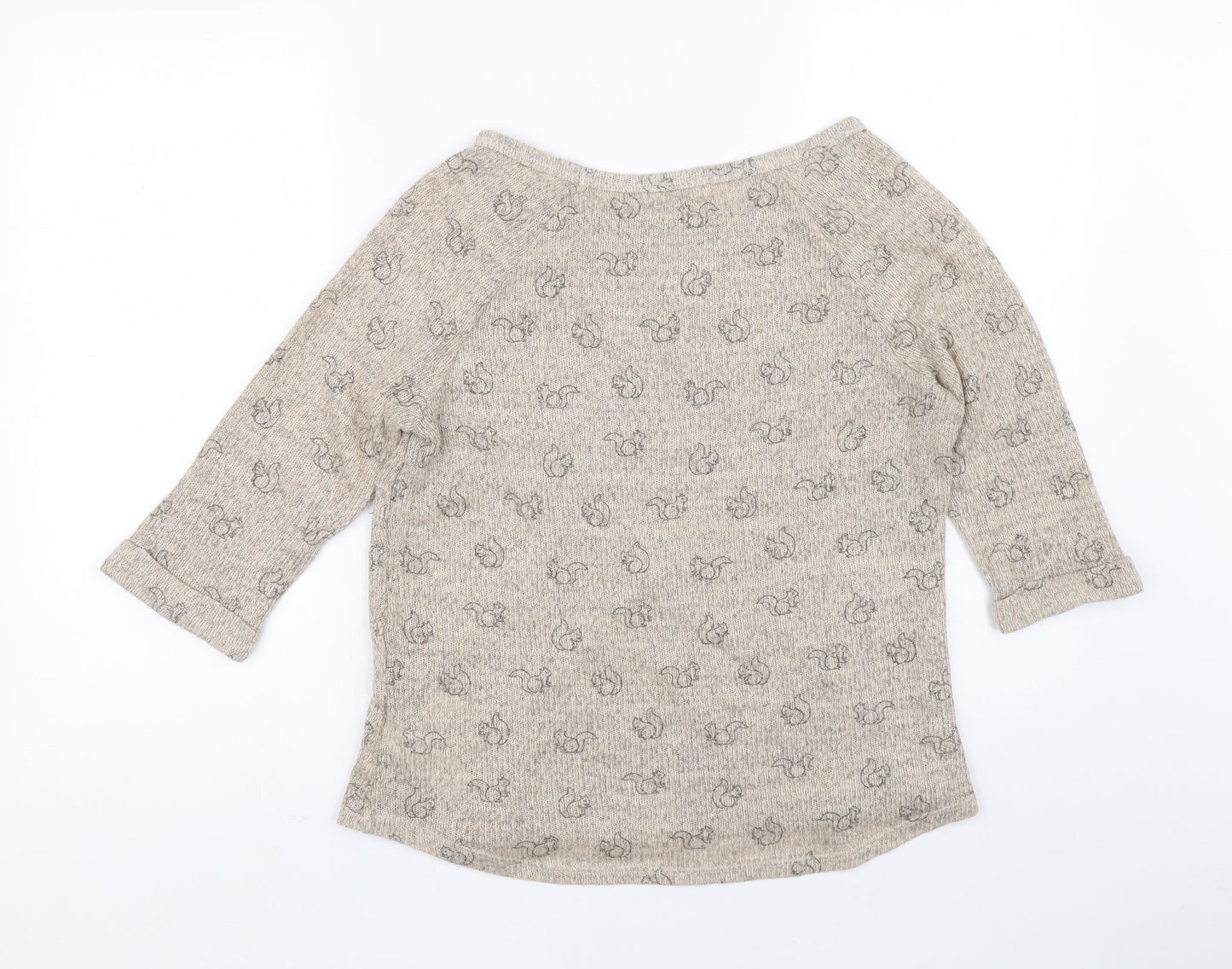 New Look Womens Brown Boat Neck Acrylic Henley Jumper Size 14 - Squirrel print