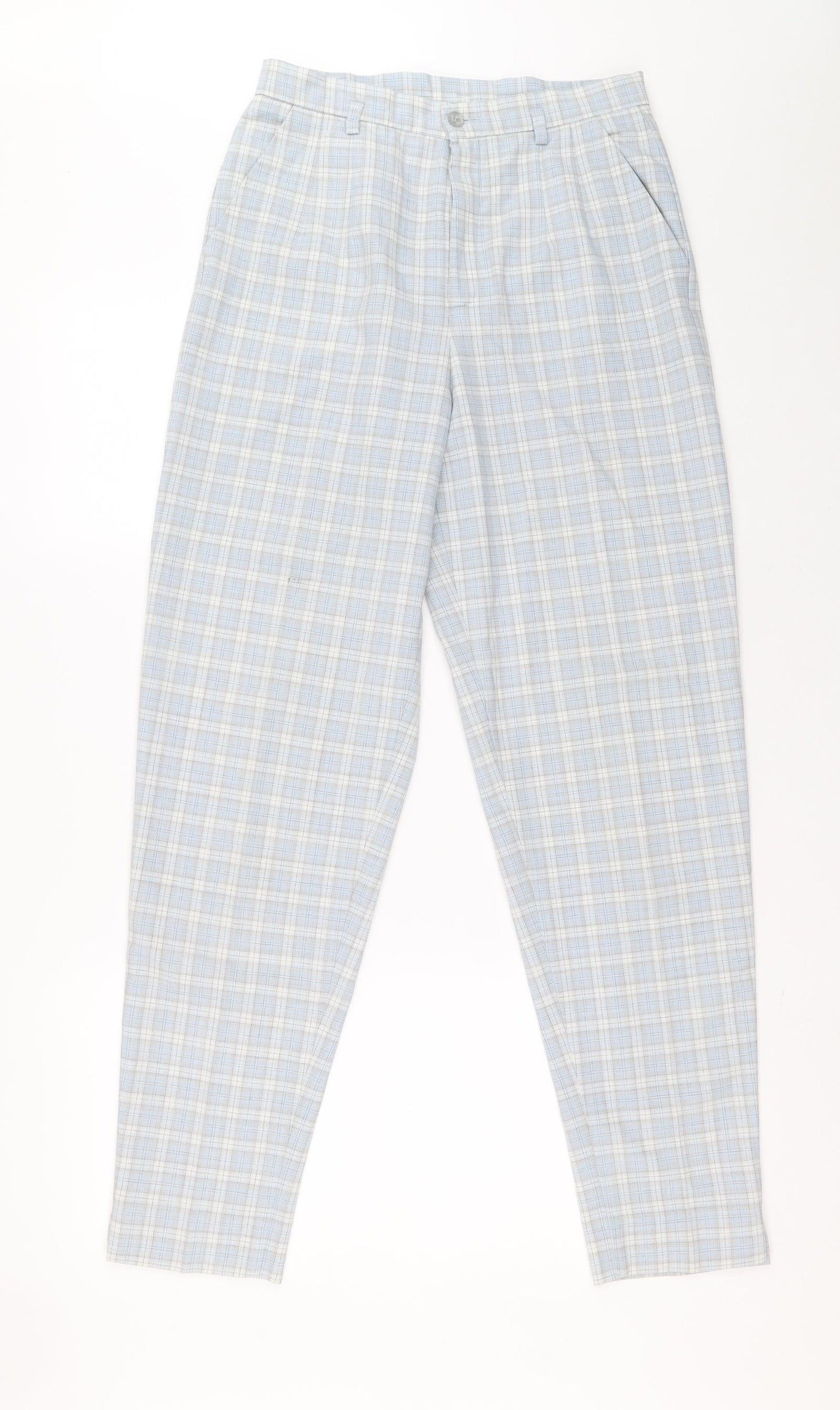 Preworn Womens Blue Plaid Polyester Trousers Size 12 L29 in Extra-Slim Zip