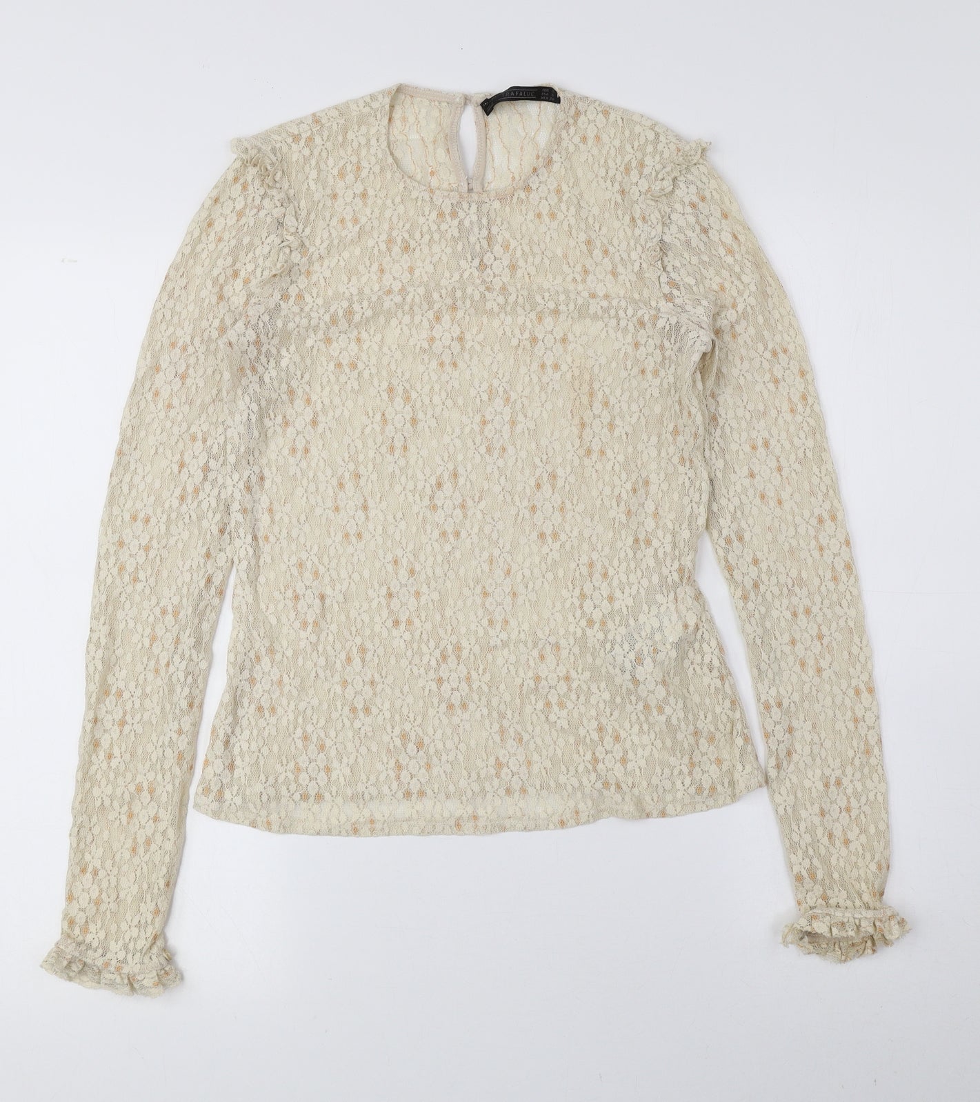 Trafaluc Womens Beige Floral Polyamide Basic Blouse Size S Round Neck