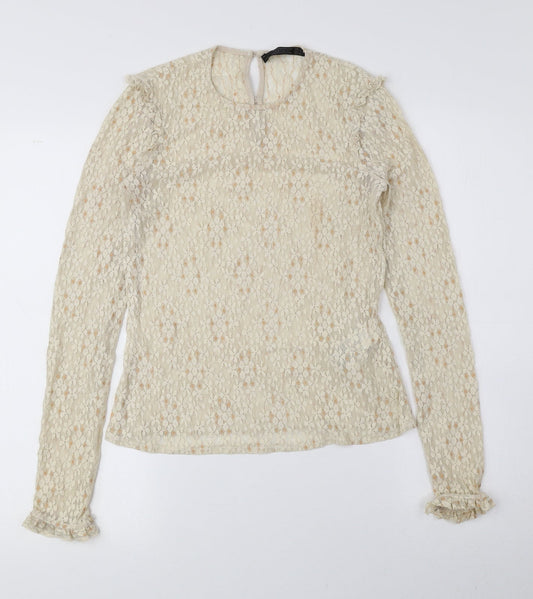 Trafaluc Womens Beige Floral Polyamide Basic Blouse Size S Round Neck