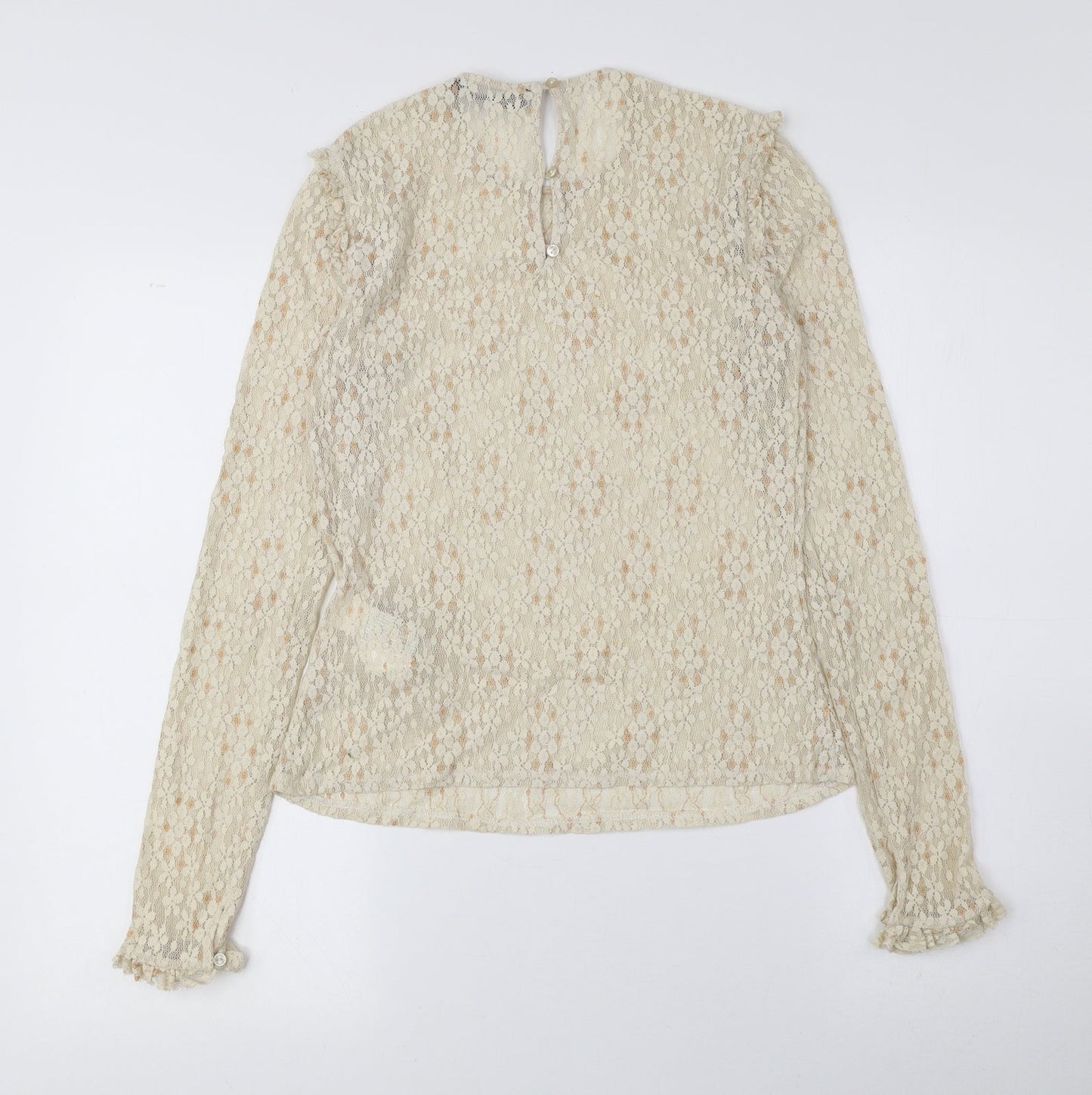Trafaluc Womens Beige Floral Polyamide Basic Blouse Size S Round Neck