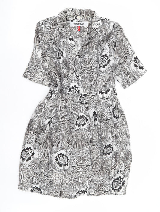 World Womens Black Floral Linen Wrap Dress Size XS Collared Button