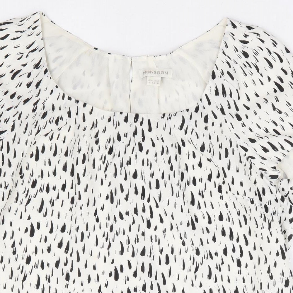 Monsoon Womens White Geometric Polyester Basic Blouse Size 16 Scoop Neck