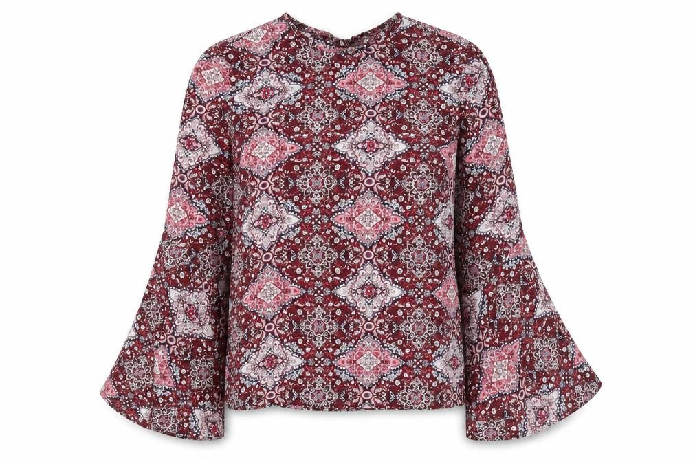 Primark Womens Red Floral Polyester Basic Blouse Size 6 Round Neck - Bell Sleeve