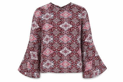 Primark Womens Red Floral Polyester Basic Blouse Size 6 Round Neck - Bell Sleeve