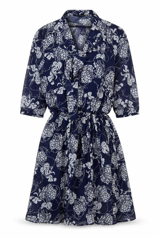Primark Womens Blue Floral Polyester Fit & Flare Size 6 V-Neck Tie - Tie Neck Elastic Waist