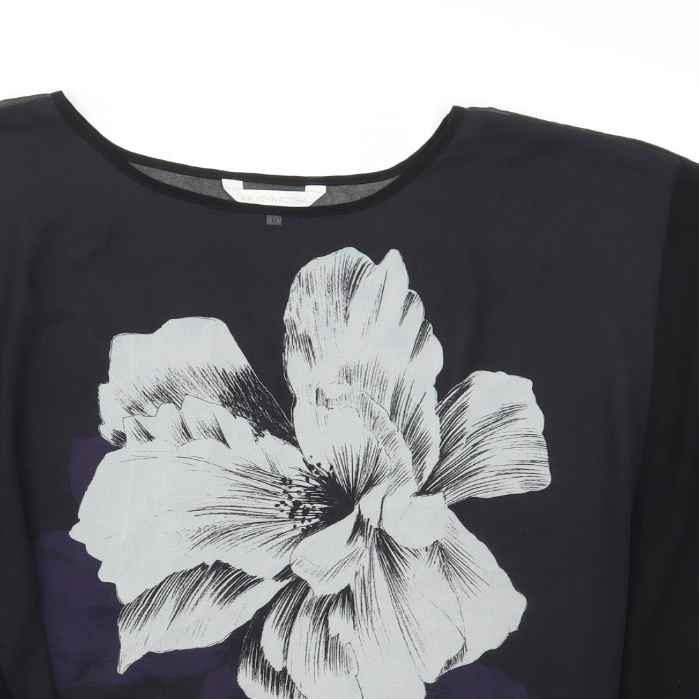RJR.John Rocha Womens Black Floral Polyester Basic Blouse Size 12 Round Neck