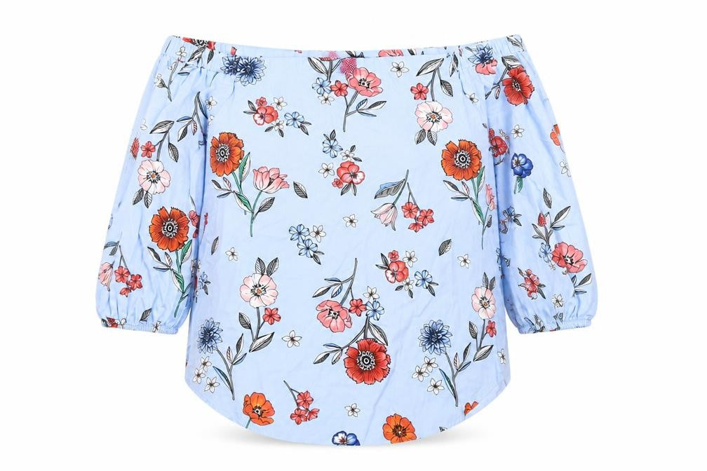 New Look Womens Blue Floral Cotton Basic Blouse Size 10 Off the Shoulder