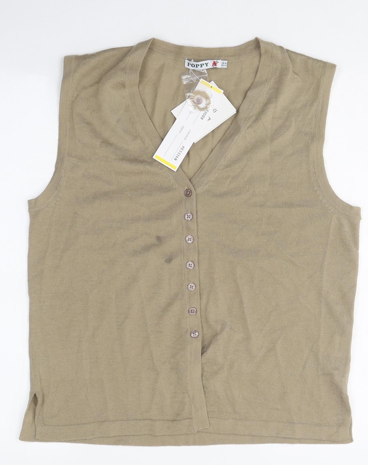 Poppy Womens Beige Polyester Basic Button-Up Size 16 V-Neck