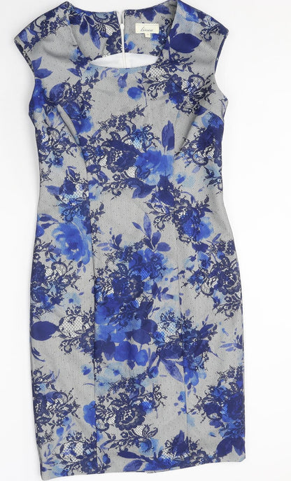 Linea Womens Blue Floral Polyester Shift Size 8 Round Neck Zip