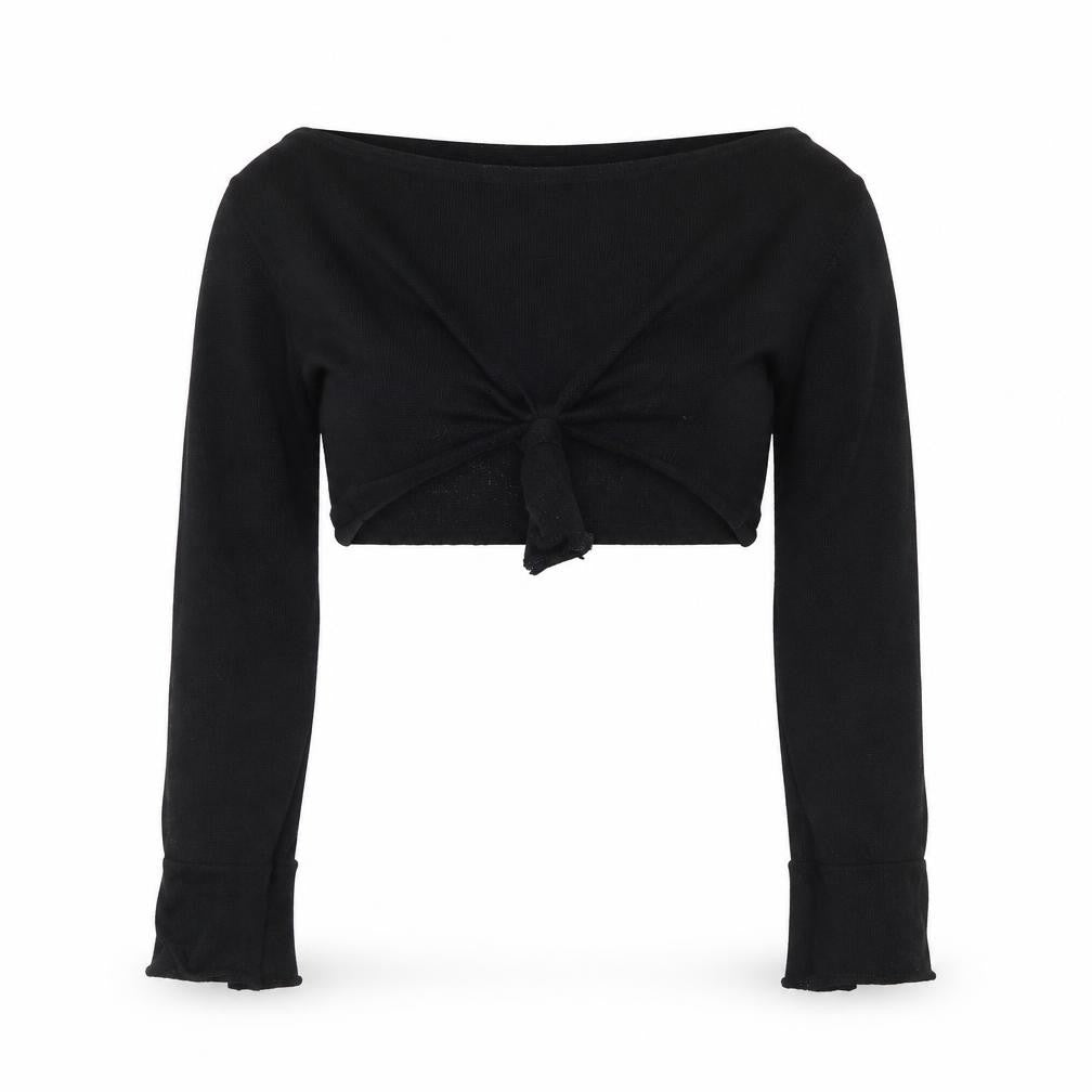 PRETTYLITTLETHING Womens Black Polyester Cropped Blouse Size 6 V-Neck - Tie Front