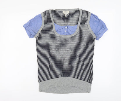Next Womens Grey Striped Cotton Basic Blouse Size 10 Round Neck