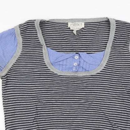 Next Womens Grey Striped Cotton Basic Blouse Size 10 Round Neck