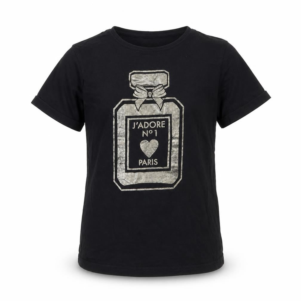 YD Girls Black Cotton Basic T-Shirt Size 9-10 Years Round Neck Pullover - Perfume Bottle