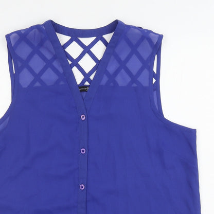 Atmosphere Womens Blue Polyester Basic Button-Up Size 10 V-Neck - Cut out back