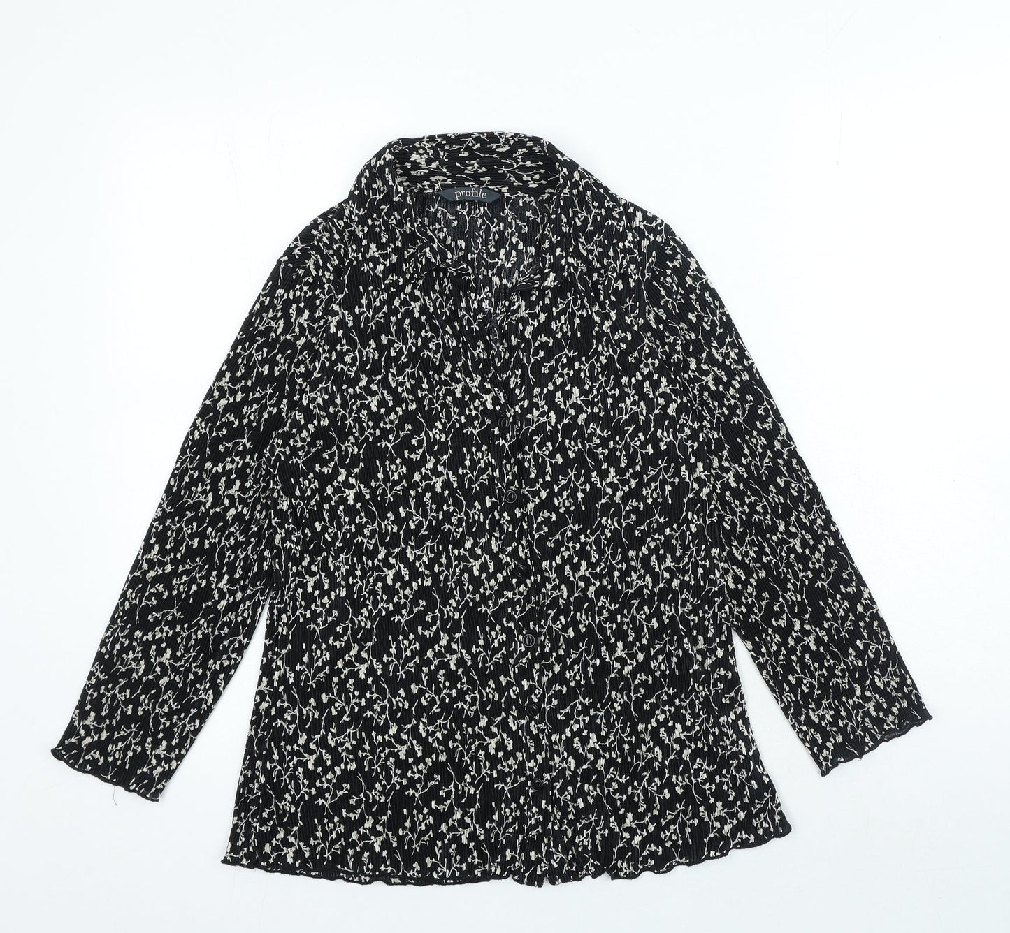 Profile Womens Black Floral Polyester Basic Button-Up Size 10 Collared