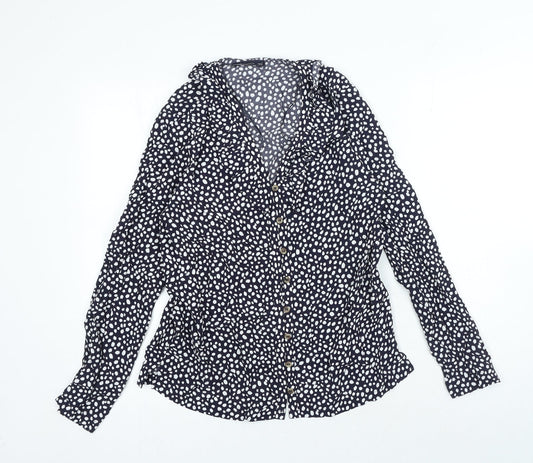 Marks and Spencer Womens Blue Animal Print Viscose Basic Button-Up Size 6 V-Neck