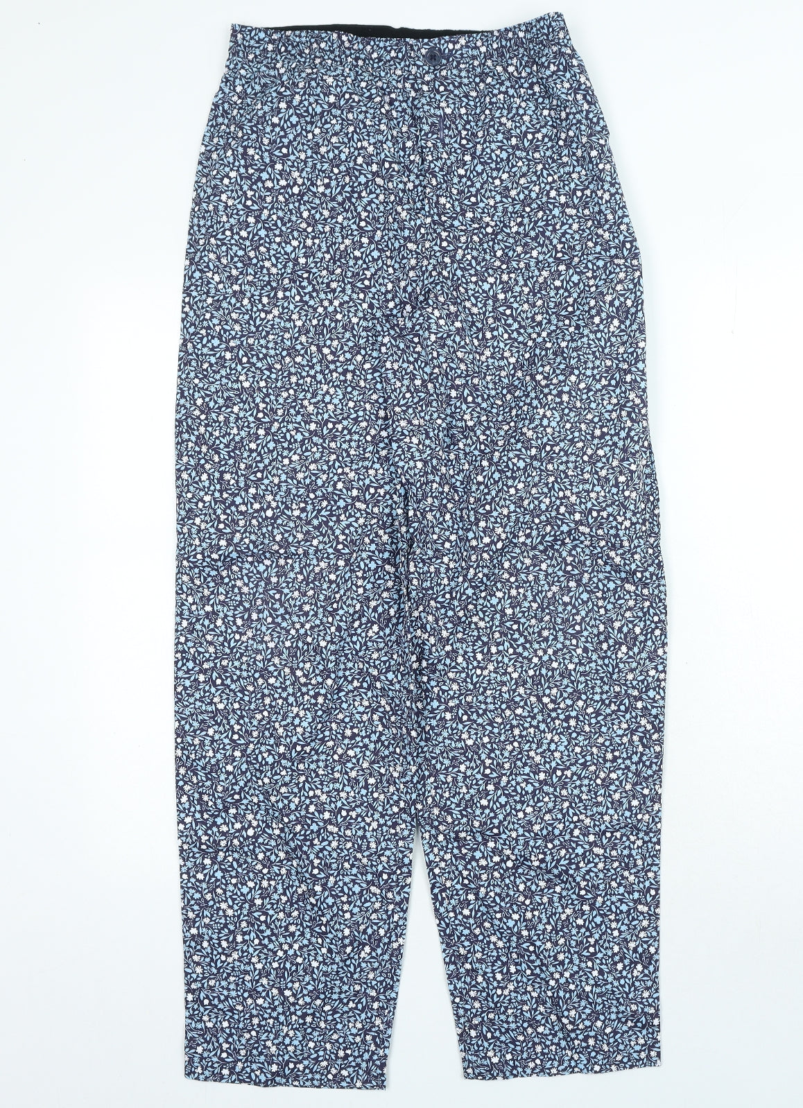Marks and Spencer Womens Blue Floral Polyester Trousers Size S L29 in Regular Zip