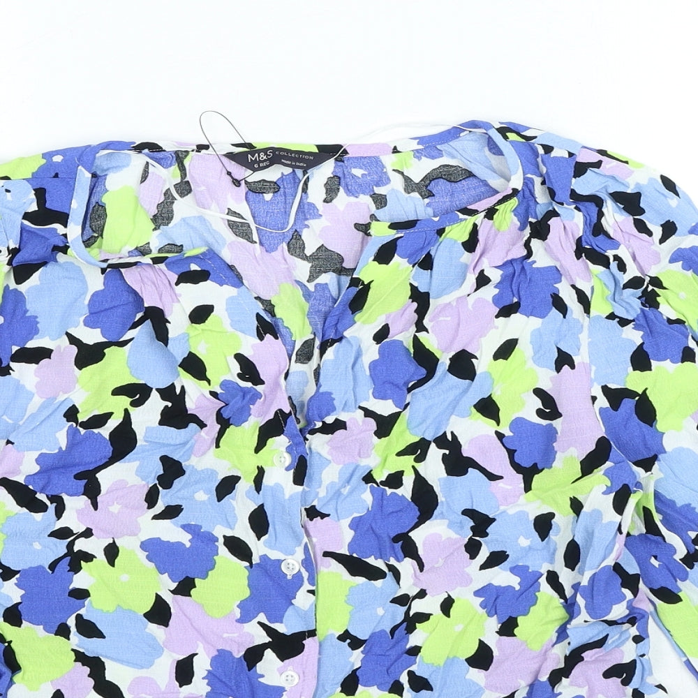 Marks and Spencer Womens Multicoloured Geometric Viscose Basic Button-Up Size 8 V-Neck