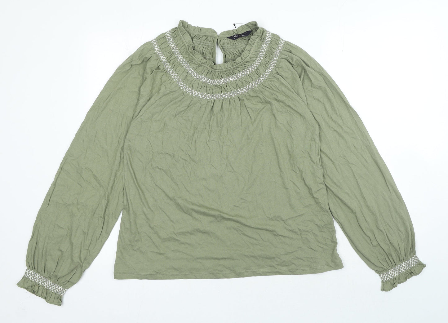 Marks and Spencer Womens Green 100% Cotton Basic Blouse Size 10 Round Neck