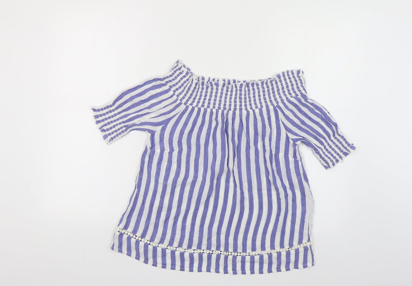Warehouse Womens Blue Striped Viscose Basic Blouse Size 10 Off the Shoulder
