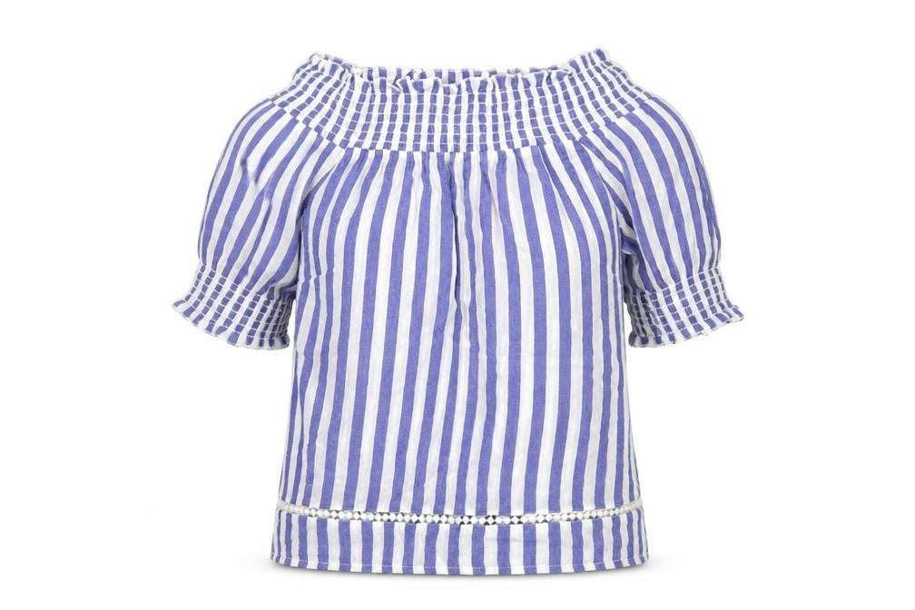 Warehouse Womens Blue Striped Viscose Basic Blouse Size 10 Off the Shoulder