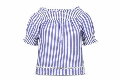 Warehouse Womens Blue Striped Viscose Basic Blouse Size 10 Off the Shoulder